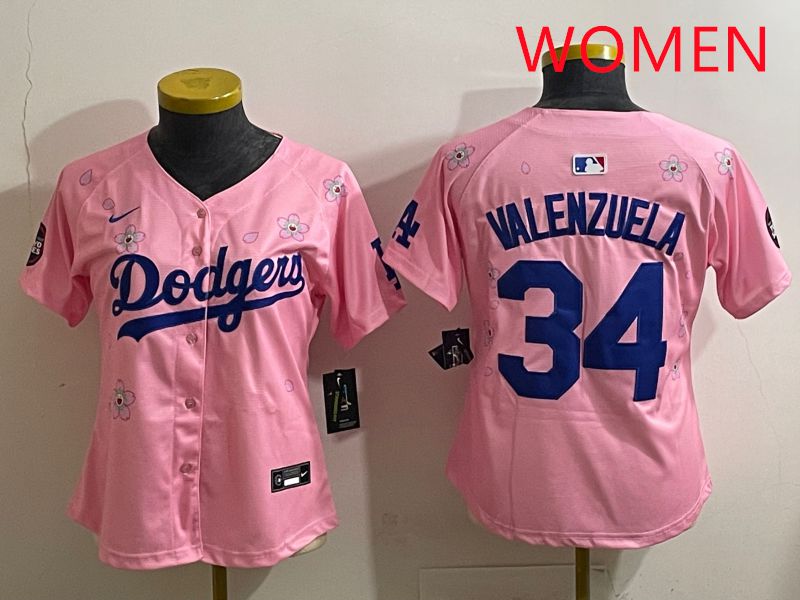 Women Los Angeles Dodgers #34 Valenzuela Pink Sakura Edition 2025 Nike MLB Jersey style 31->women mlb jersey->Women Jersey